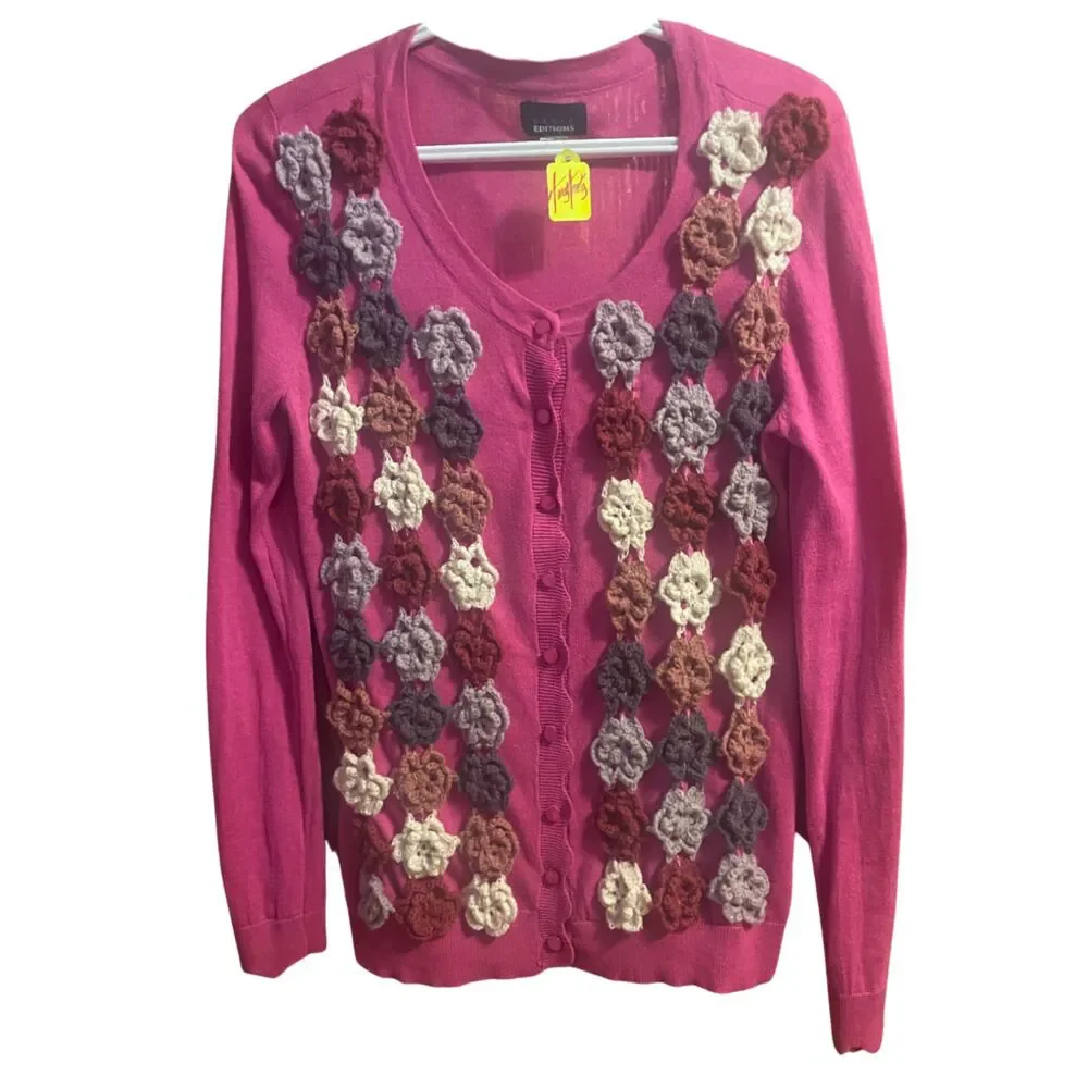Upcycled  Pink Cardigan Crochet Floral Applique Medium - Picture 5 of 9
